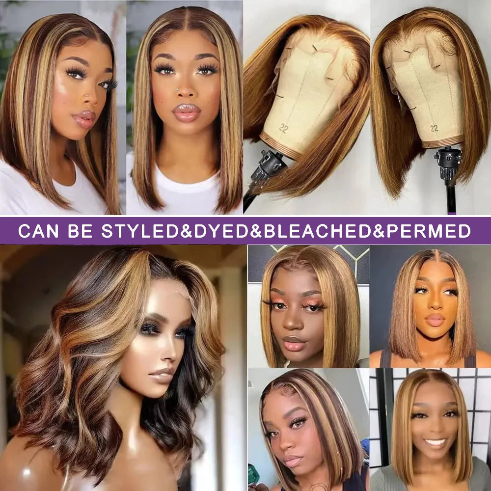 4/27 Highlight Bob Wigs Piano Colored Straight 13x4 Lace Frontal Human Hair Wig For Women HD Transparent Full Lace Bob Wigs