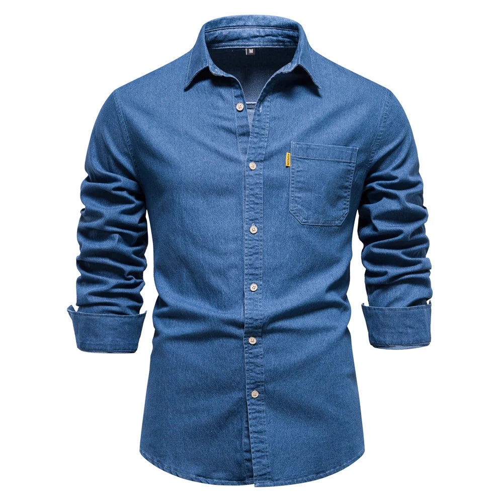 AIOPESON Autumn New Cotton Men's Denim Shirt Solid Color Single Pocket Casual Long Sleeve Shirt Autumn Jeans Shirt for Men