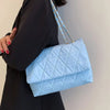 Fashion Blue Pu Flap Bag Golden Large Capacity Niche Geometric Handbag Women's Bag Embroidery Thread Metal Chain Shoulder Bag