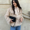 TRAF 2024 Women Fashion Cropped Faux Fur Jacket Coat Long Sleeve Front Snap-button Female Outerwear Chic Lapel Collar Thick Coat