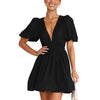 Women Summer Casual A-line Dress Solid Color Deep V-Neck Short Puff Sleeve Mini Dress Fashion Party Short Dress