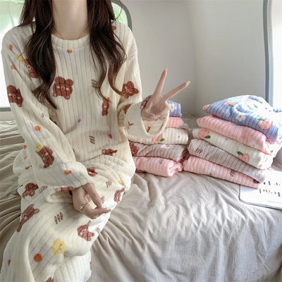 Coral Fleece Women Pajama Set Warm Winter Sleepwear Cozy Loungewear Bear Peach Print Nightwear Christmas Gift for Girls