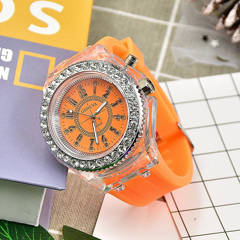 Luminous Quartz Watch for Women Personality Rhinestone Led Fashion Geneva Male and Female Students Couple Jelly Wrist Watches