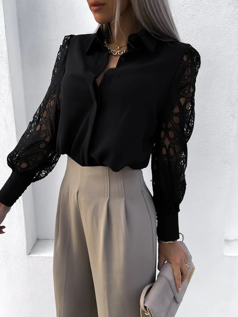 White Sexy Lace Hollow Out Women Blouse Autumn 2025 Spring Black Top Vintage Button Up Shirts Long Sleeve Mesh Design Tops 19948