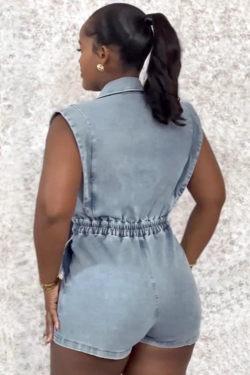 HLJ High-quality Fashion Denim Rompers Women Lapel Sleeveless Hollow Button One Piece Jumpsuits Female Streetwear Overalls New