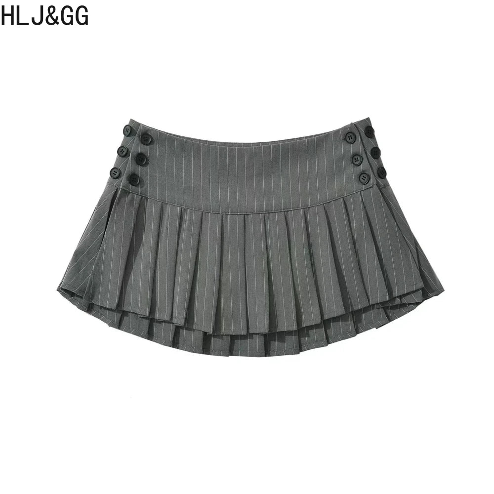 HLJ&GG Fashion Stripe Patchwork Two Piece Sets For Women Preppy Style Polo-neck Button Slim Shirts + Pleated Mini Skirts Outfits