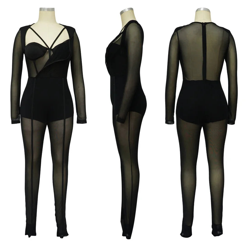 Sexy Mesh Patchwork Sheer Night Club Bodycon Jumpsuit for Women See Through One Piece Rompers Clubwear Party Birthday Outfits