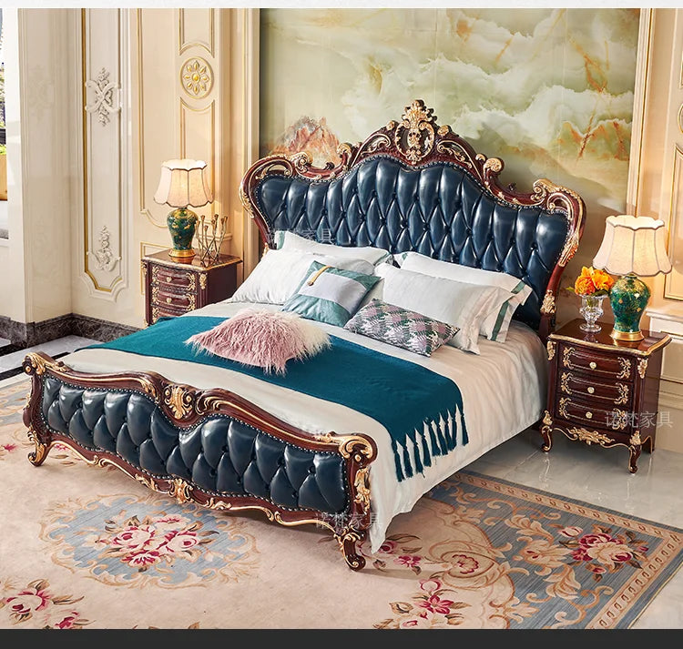 Nordic Luxury Aesthetic Bed Queen Size Cheap Cute Salon Bedroom King Bed Modern Wood Leather Camas Matrimonial Room Furniture