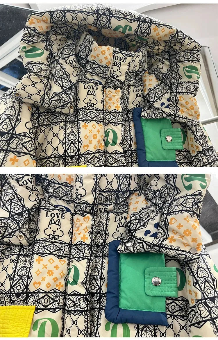 2023 European Station Winter New Down Jacket Women's Warm Fashion Short Color Patchwork Graffiti thick White Duck Down Coa