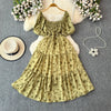 2024 New Summer Flower Print Long Dress Women Vintage Square Neck Ruched Chest Sash Bandage Sundress Party Vestidos