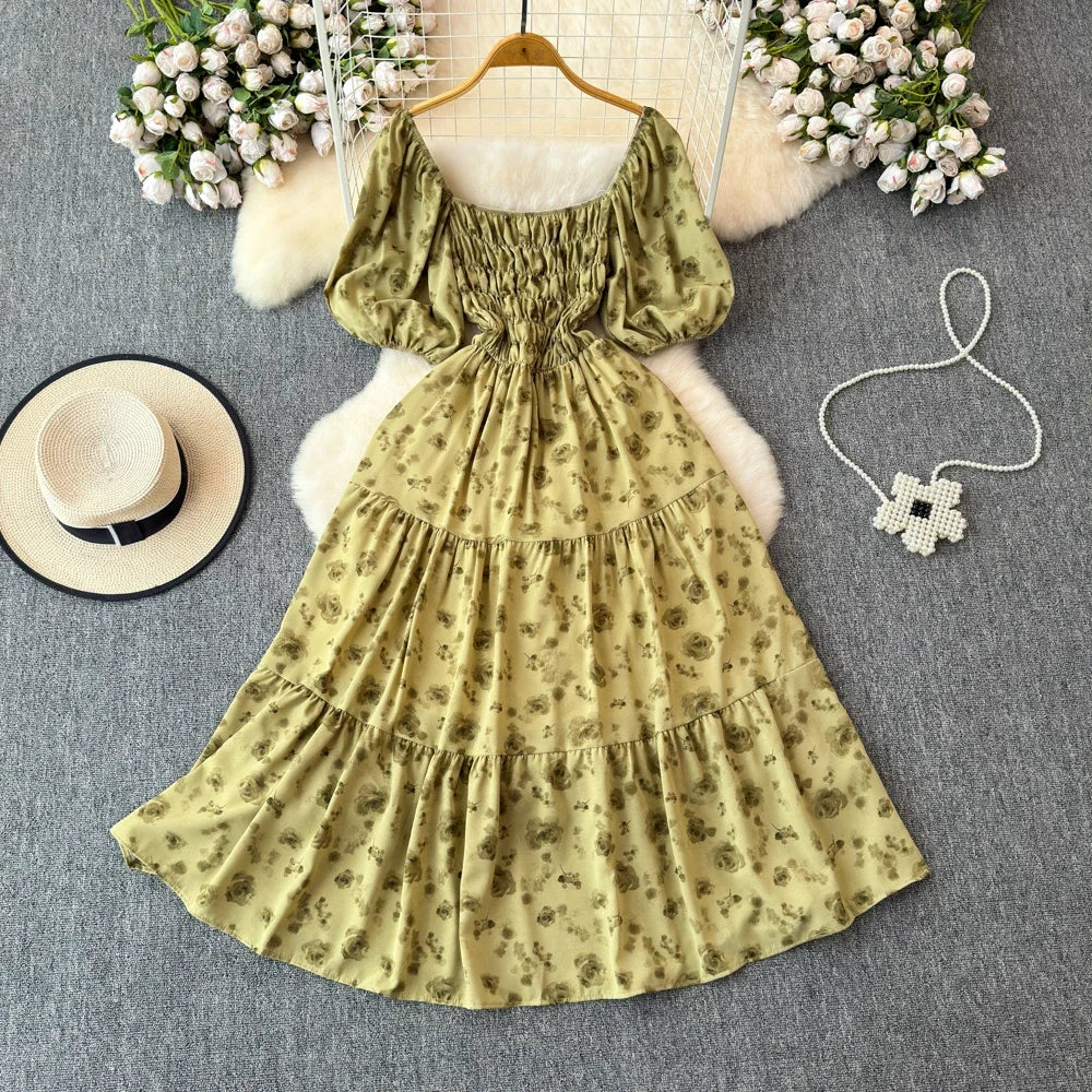 2024 New Summer Flower Print Long Dress Women Vintage Square Neck Ruched Chest Sash Bandage Sundress Party Vestidos