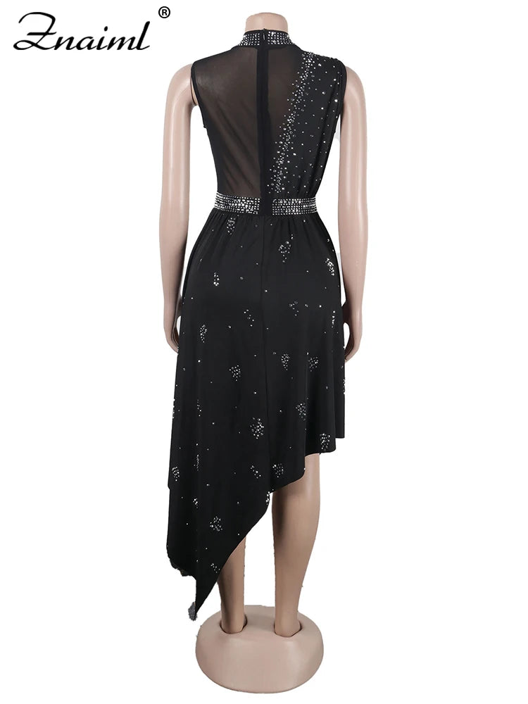 Znaiml Sexy Nightclub One Piece Outfit Romper Playsuit Women Birthday Diamonds Rhinestones Mesh Streamer Side Irregular Jumpsuit