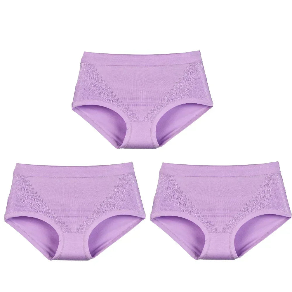 3pcs/pack 2024 Women High Waist Panties Female Briefs Modal Lace Plus Size Underpants Mother Middle Aged Oversize Underwear