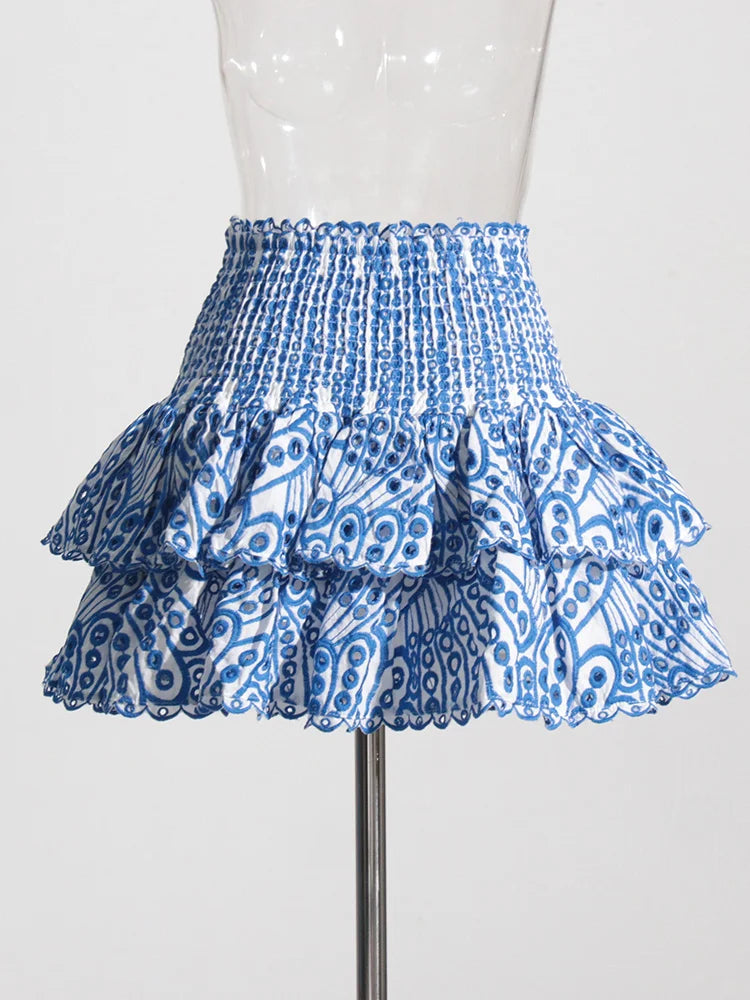 TWOTWINSTYLE Hit Color Print Casual Two Piece Sets For Women Slash Neck Short Sleeve Top High Waist Skirt Summer Set Female New