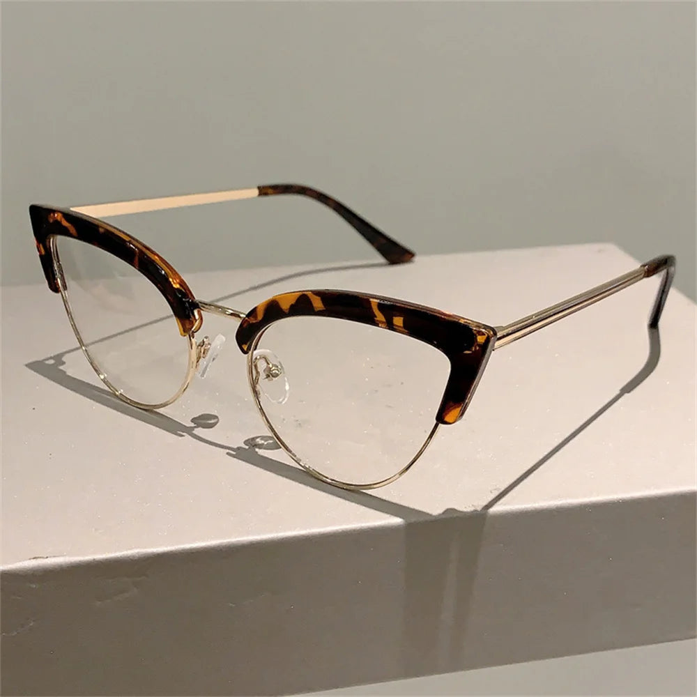 2023 New Vintage Cat Eye Glasses Frame New Stylish Semi Metal Rim Women Eyewear Trendy Brand Design Non-prescription Eyeglasses