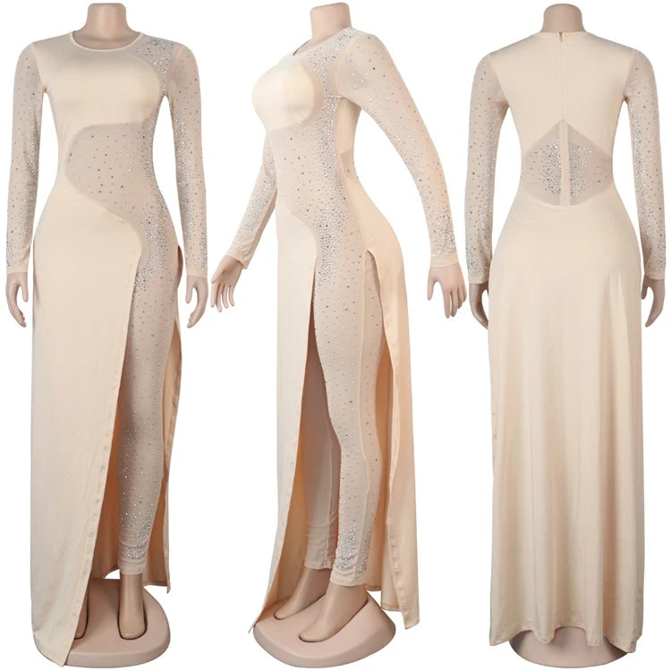 Women Sexy Mesh Rhinestone Irregular Skinny Jumpsuits