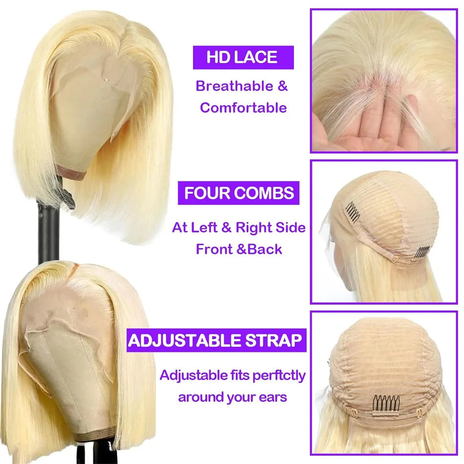 210% Density Vietname Super Double Drawn Bone Straight 13x4 Frontal Bob Wig with 100% Human Hair 613 Honey blond For Black Women