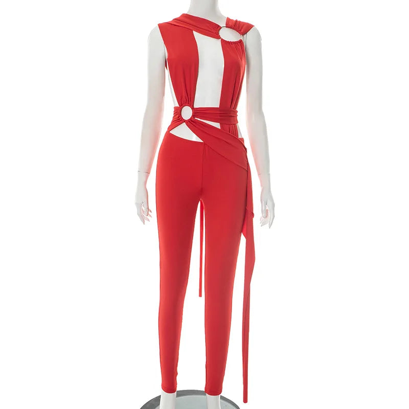 Joskaa Sexy Hollow Bandage Irregular Jumpsuit Women Summer Sleeveless Backless Ribbon Skinny Rompers 2025 Midnight Clubwear