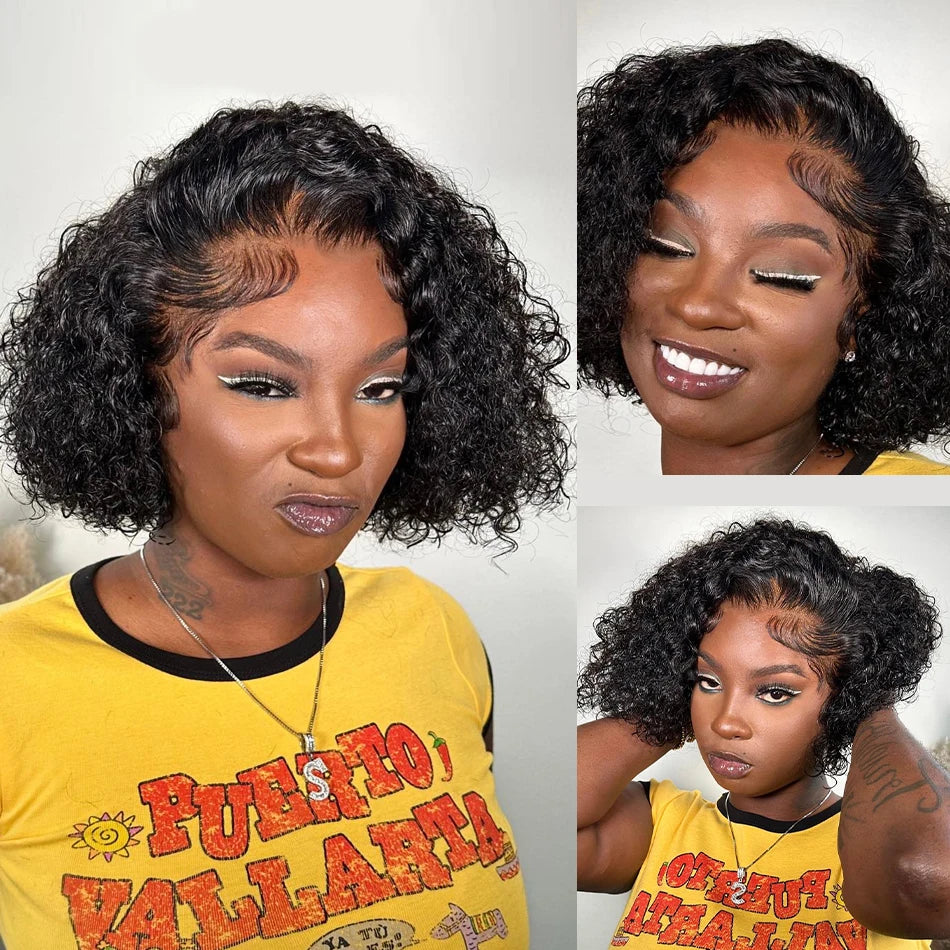 13x4 Bob Wigs Jerry Curly Short Pixie Cut Water Wave Wigs Human Hair Natural Black Brazilian Deep Curly Wigs For Black Woman