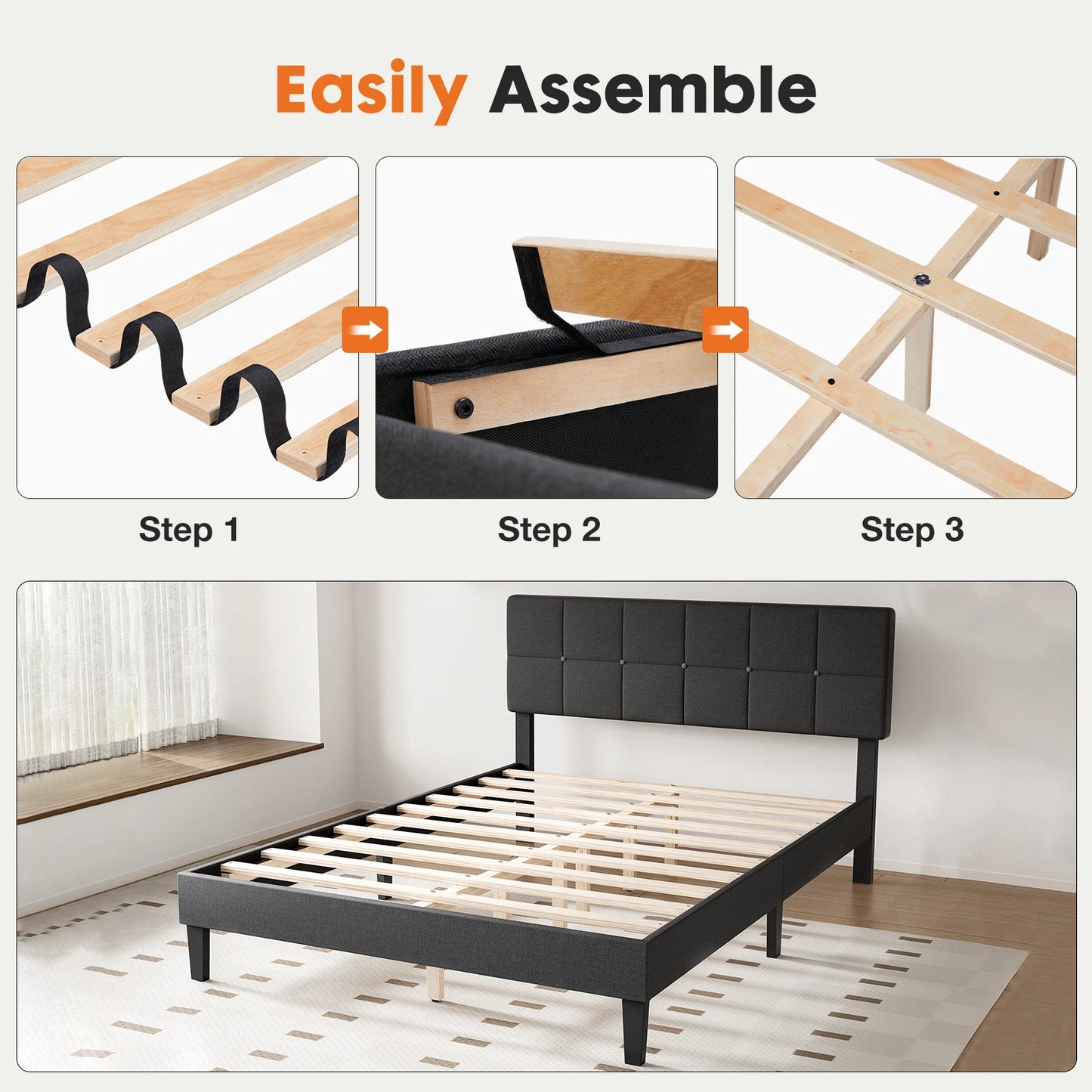 JHK Queen Bed Frame with Headboard No Box Spring Needed Linen Upholstered Wooden Platform Bed Frame with Wood Slats Support