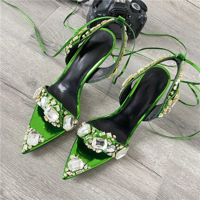 2024 Luxury Rhinestone Pointed Sandals Prom Super High Heel Sandals Slim Heel Dress Show Sandals Oversized 34-43 Women's Shoes