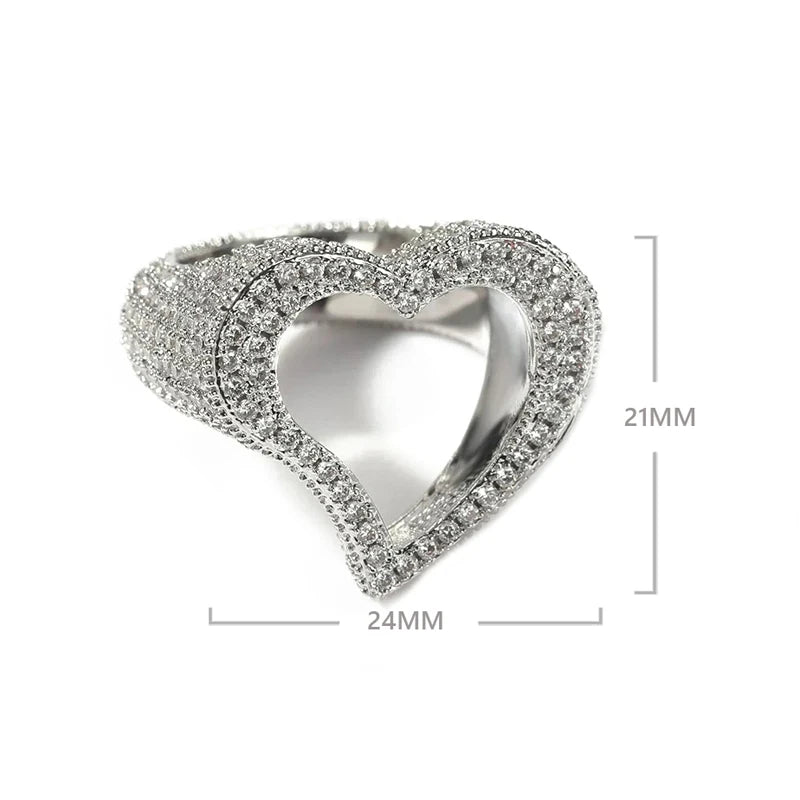 New Full Iced Out Bling Hollow Heart Ring Gold Silver Color 5A CZ Micro Pave Cubic Zircon Rings Hip Hop Punk Men Women Jewelry
