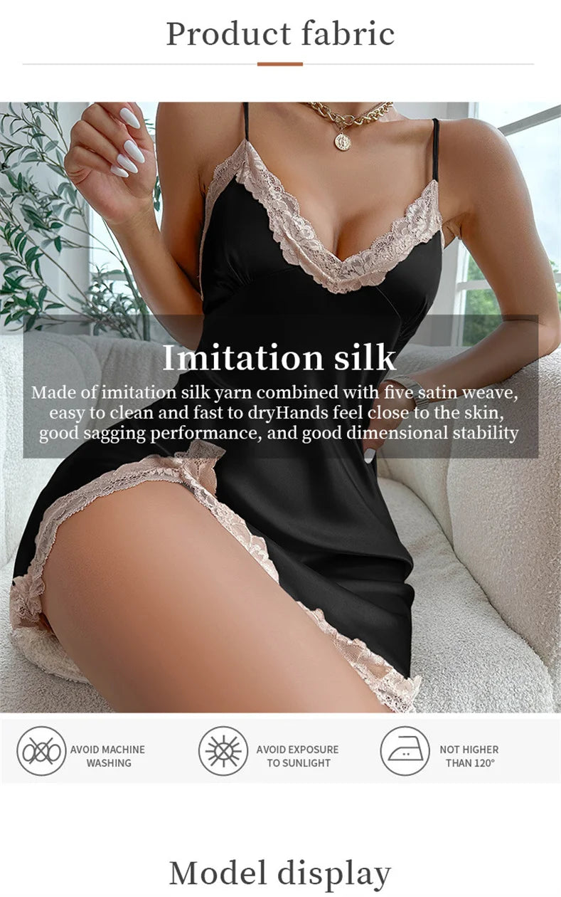 Silk Satin Lace Women Nightgown Sleeveless Cross Back Sleepwear Solid Color Deep V Neck Side Split Pajama Home Dress