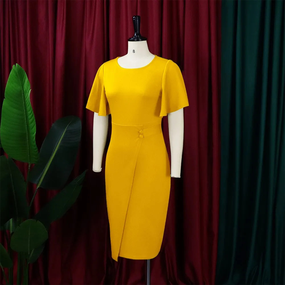 Dress Women Mid Length Dresses Green Slim Ruffles Bodycon Round Neck Short Sleeve Sexy Elegant Party High Waist Vestidos