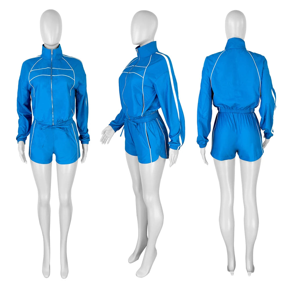2025 Trendy Woman Clothes Sets Y2k Lounge Tracksuit Contrast Color Long Sleeve Zip Windbreaker Jacket Shorts 2 Piece Set Outfits