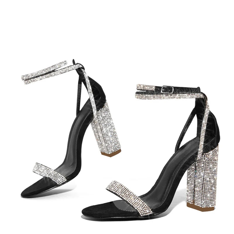 Liyke Sexy Crystal Ankle Strap Sandals Women Elegant Party Wedding Rhinestone High Heels Summer Open Toe Ladies Dress Shoes Gold