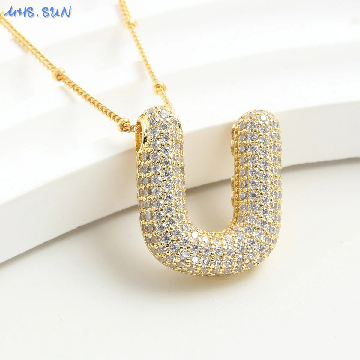 SUNSLL Cubic Zircon A-Z 26 Bubble Letter Necklace 2 Sizes Gold Plated M Chunky Balloon Initials Pendant Women Chain Jewelry 2024