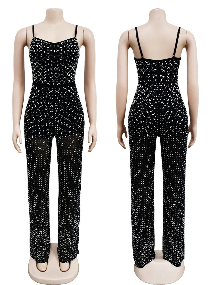 HBLL Women Club Outfits Spaghetti Strap Bodycon Jumpsuits Sparkly Rhinestone Romper Birthday Night Out One Piece Clubwear