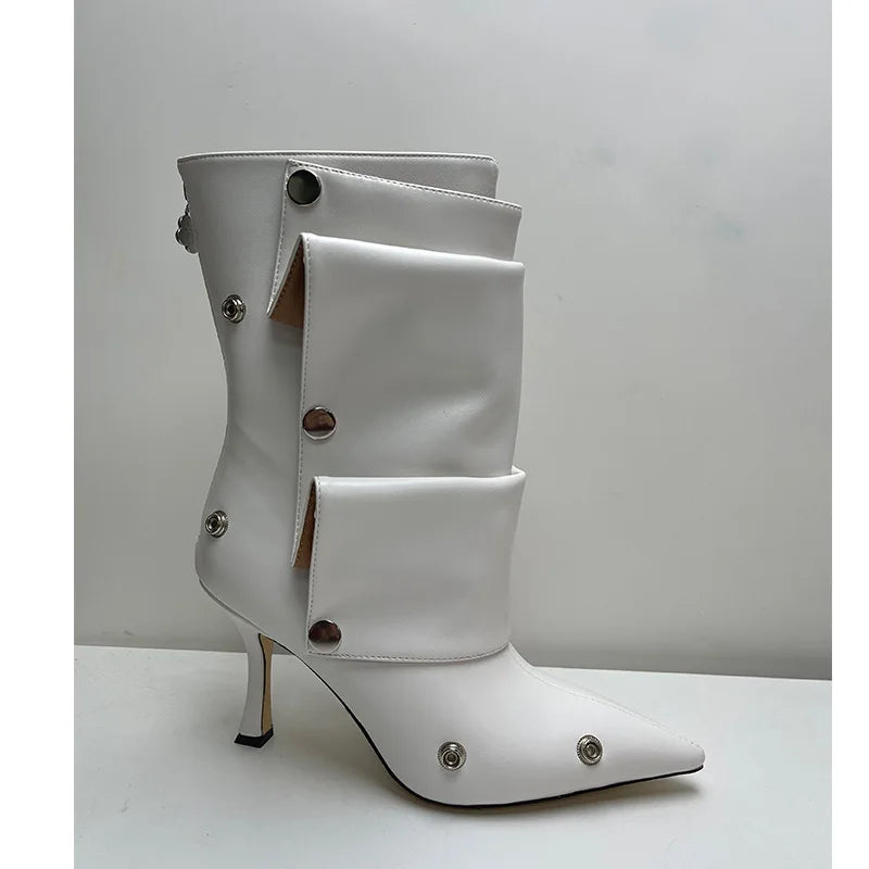2025 Classics Women Pointed Toe Strange Heels Boots For Woman's Rivet Button Zipper-Sid Solid Color High Heels Shoes Botas Altas