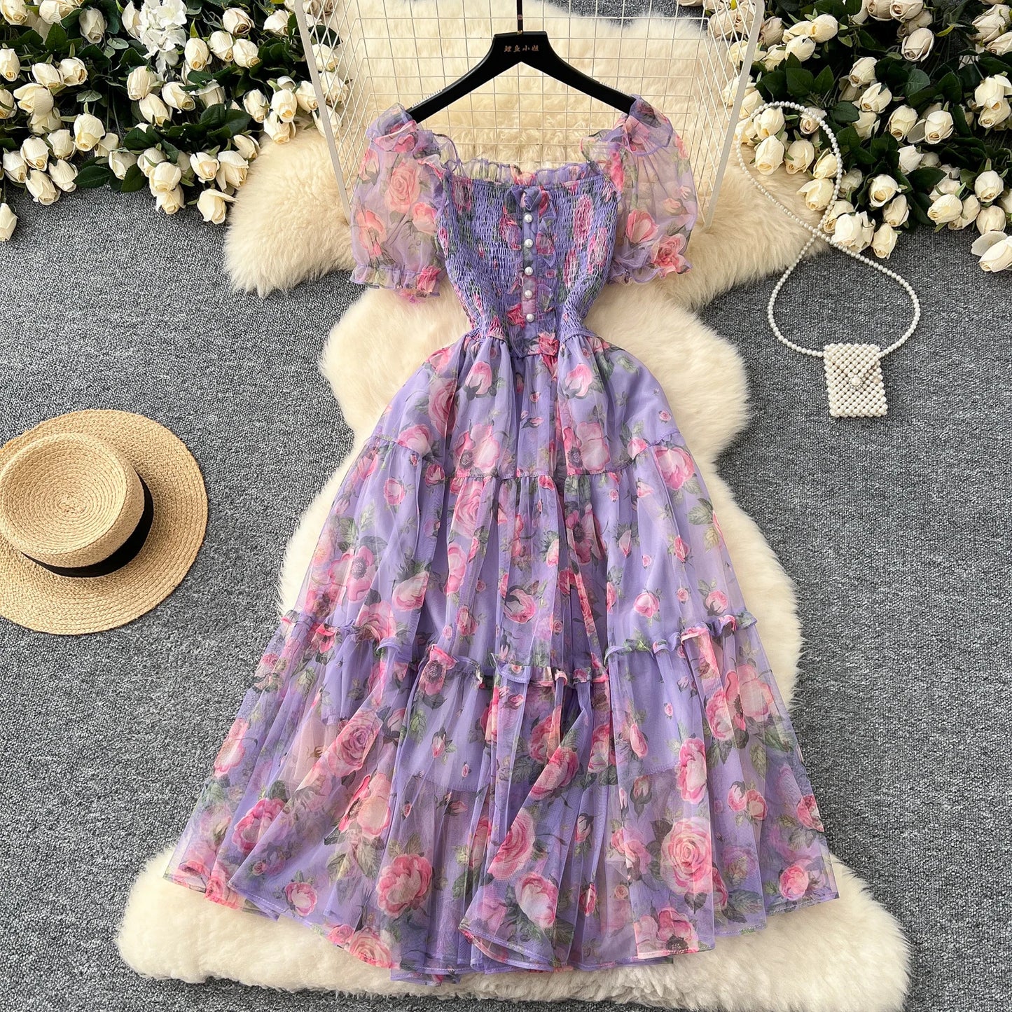 Elegant Slash Neck Vintage Short Puff Sleeve Chic Print Slim Chiffon Dresses French High Street Evening Autumn Mesh Clothing