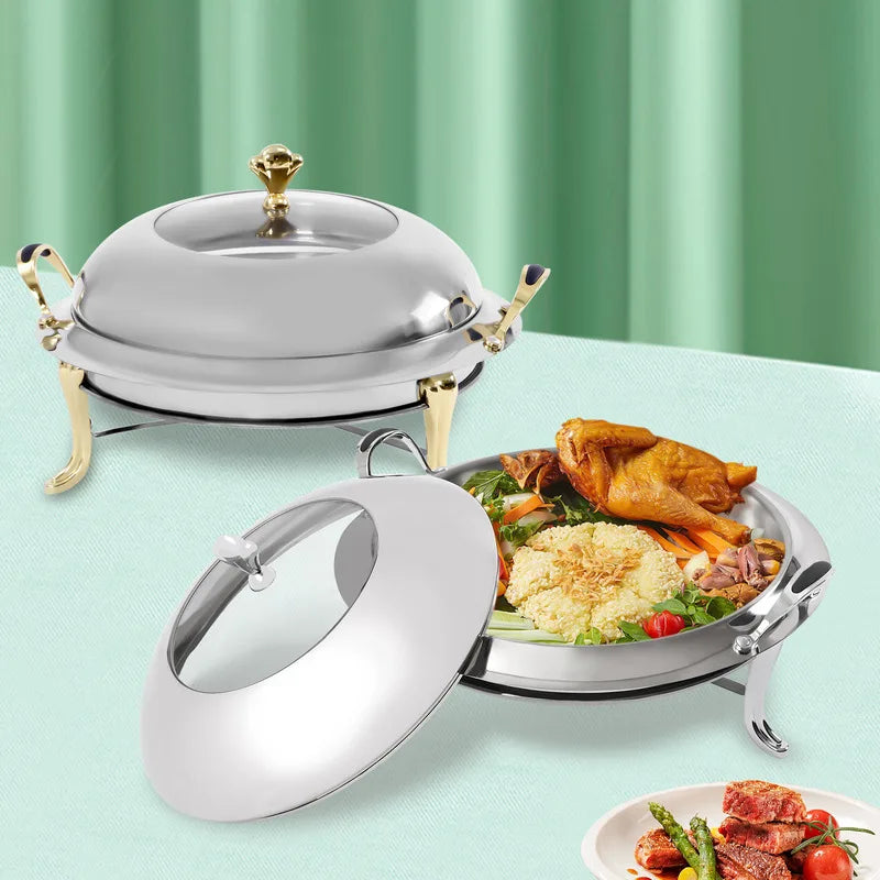 Dish Stainless Steel Cooking Round Buffet Warmer Tray Durable Frame with Lid Fuel Holder Cookware Set