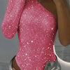 2025 Spice Girls Sexy Sequin Top One-Shoulder Tight Rhinrhinone Solid Color Silver One-Piece Fashion Party Nightclub Summer Top