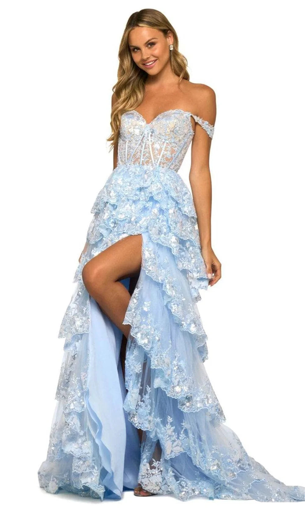 Amanda Elegant Off Shoulder Multilayer Prom Dress Customized Side High Split Lace Vestidos De Fiesta Princess Shiny فساتين سهرة