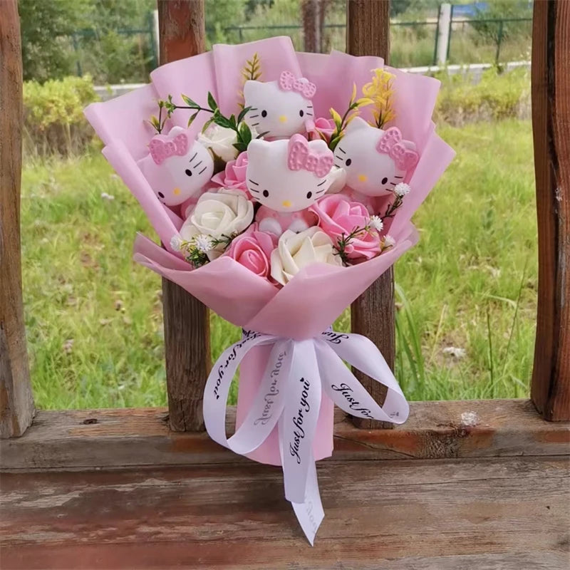 Anime Hello Kitty Cartoon Plush Bouquet Sanrio Artificial Rose Flowers Doll Christmas Home Wedding Decoration Valentine's Day Gi