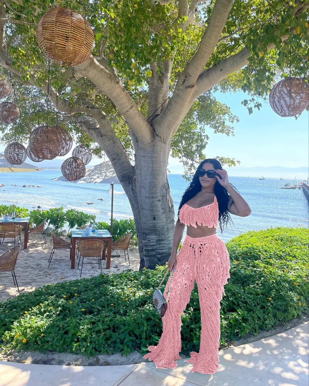 FAGADOER Sexy Hollow Out Tassels Pants Two Piece Sets Women Halter Sleeveless Backless Crop Top + Pants Outfit Female Streetwear