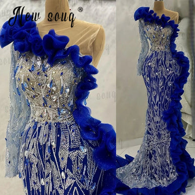 Sparkly Silver Beaded Royal Blue Evening Dress With Side Ruffles Elegant Single Sleeve Mermaid Wedding Party Gowns Vestido De