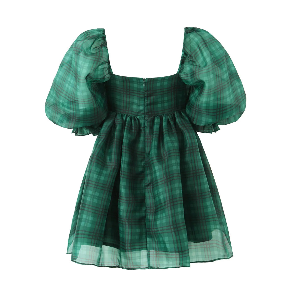 2024 Sweet Green Gingham Plaid Organza Ball Gown Dress Puff Sleeve Retro Women Swing Short Princess Robe Fairy Cake Vestidos