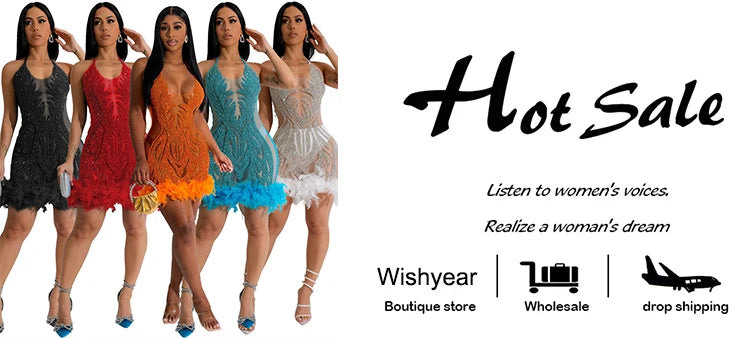 Elegant Luxury Sequins See Through Feather Mini Dress Celebrity Halter Backless Women‘s Sexy Birthday Party Nightclub Vestidos
