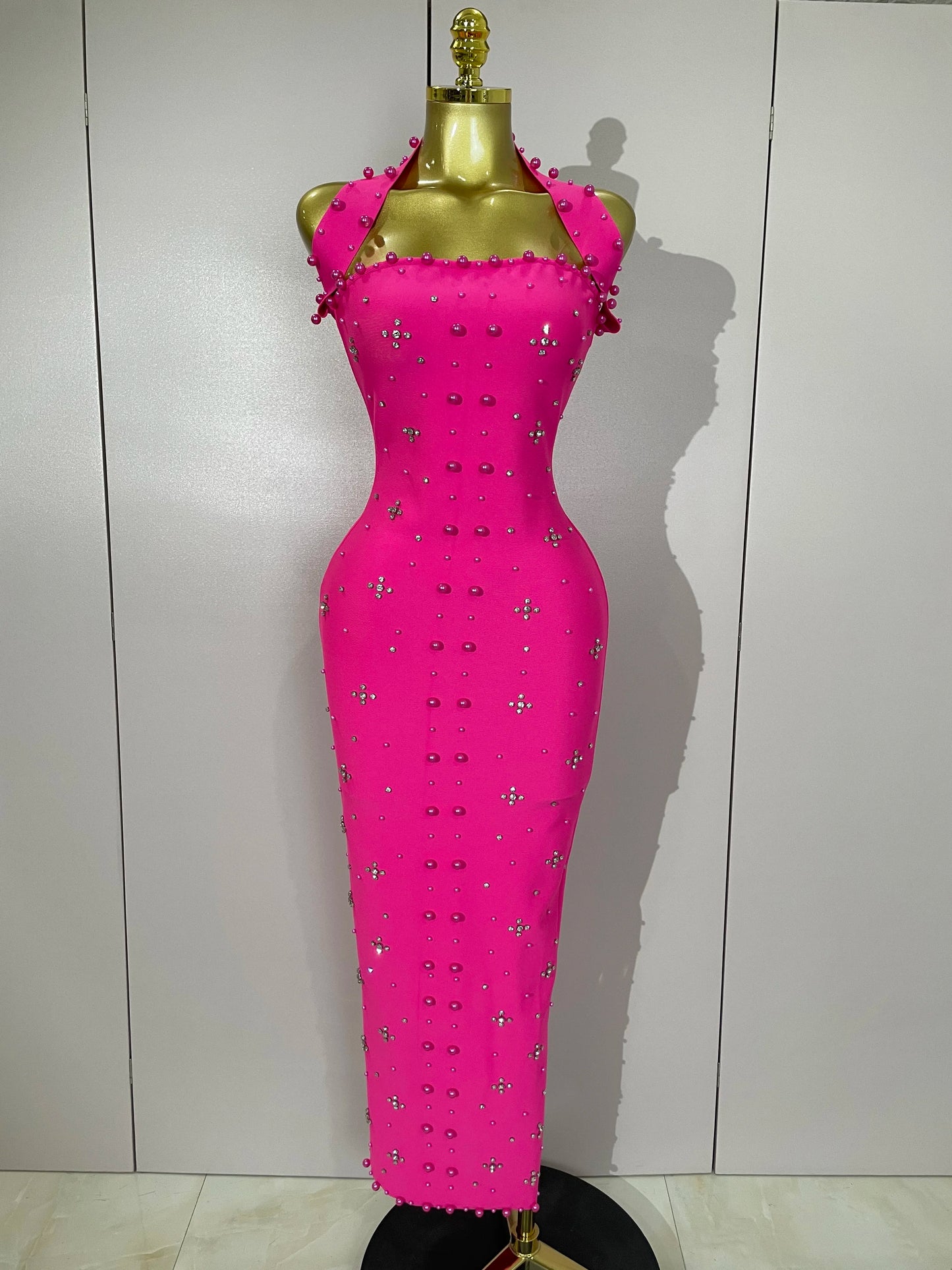 2025 Luxury Shining Diamonds Pearls Sleeveless Bodycon Bandage Long Dress Women Celebrate Evening Party Elegant Birthday Gowns