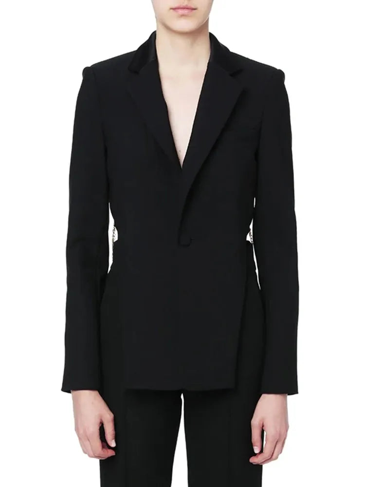 TWOTWINSTYLE Backless Spliced Button Blazers For Women Notched Collar Long Sleeve Patchwork Chain Chic Blazer Female Fashion New