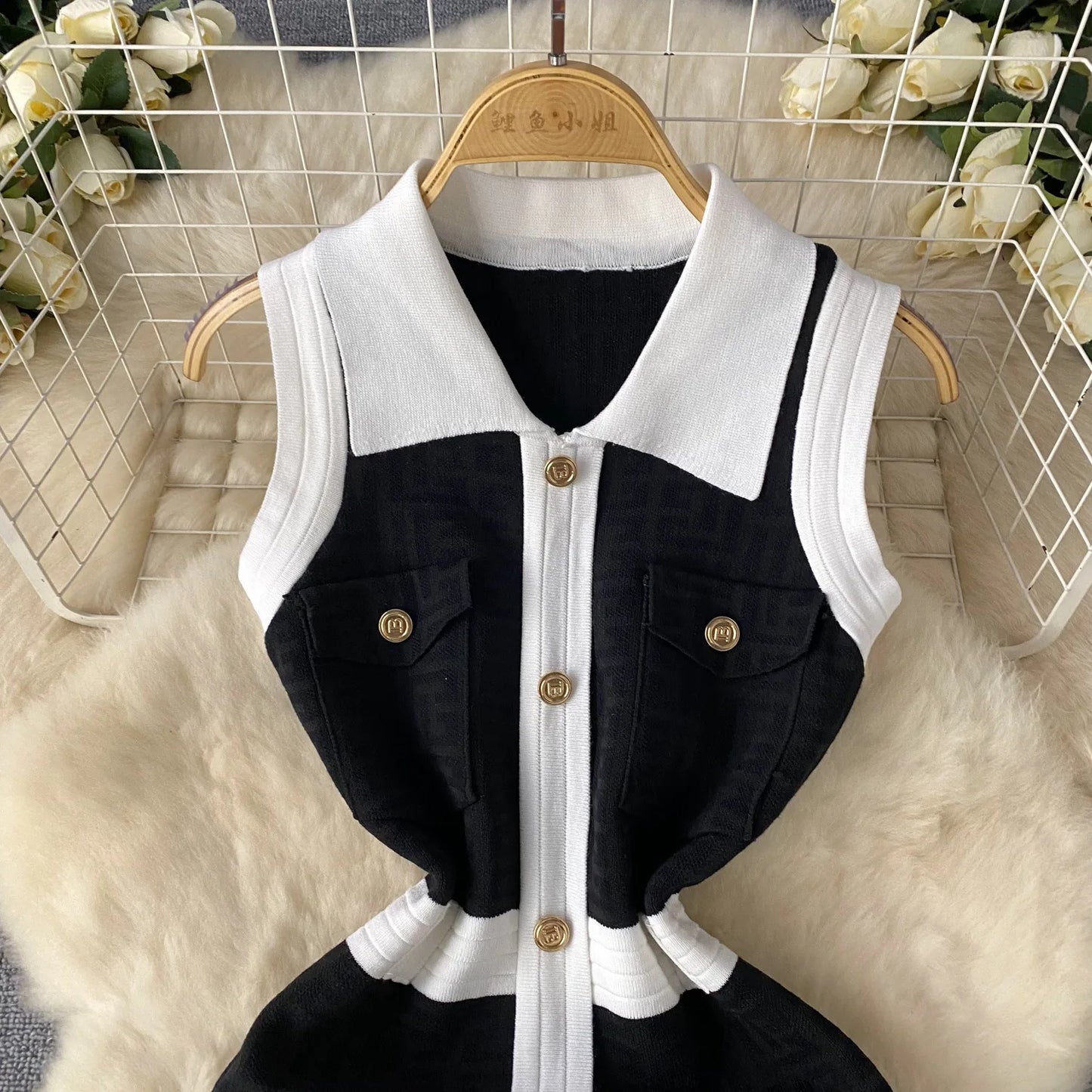 Mini Dress Women Dresses Vests Knitted Vestidos Bodycon Streetwear Polo Neck Sleeveless Single Breasted Splice Y2k Elegant Work