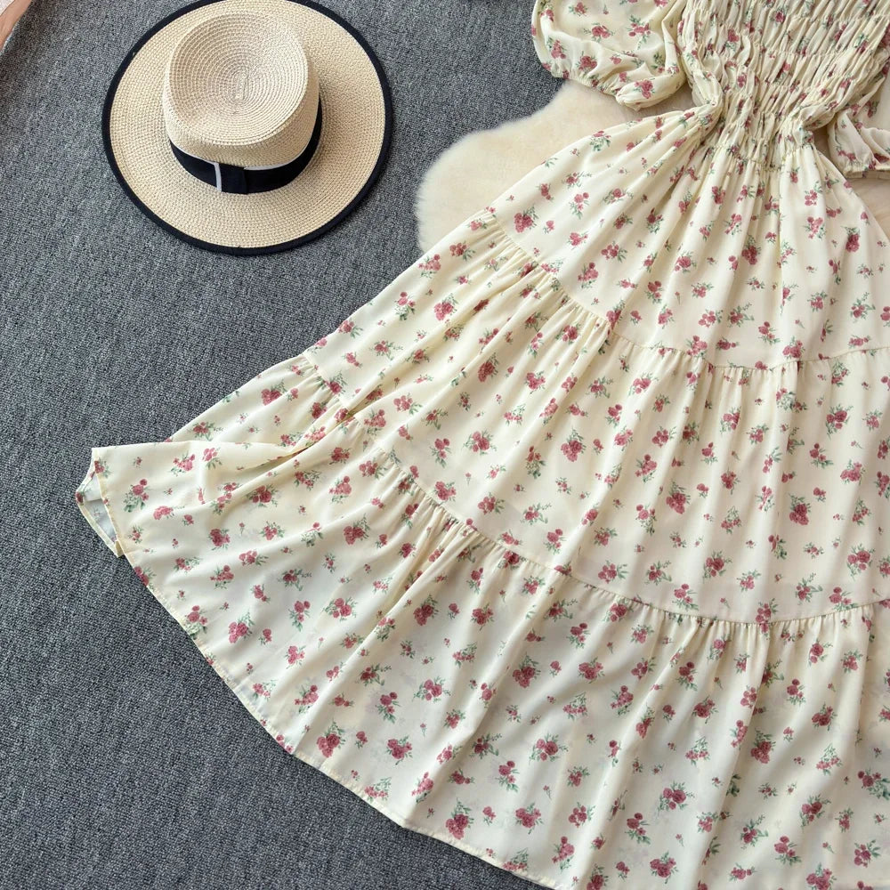 2024 New Summer Flower Print Long Dress Women Vintage Square Neck Ruched Chest Sash Bandage Sundress Party Vestidos