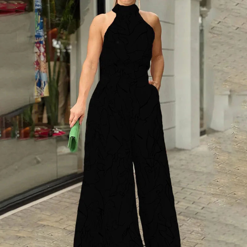 Summer women's geometric printed sleeveless pants with elegant temperament cinched waist tie up hanging neck style jumpsuit