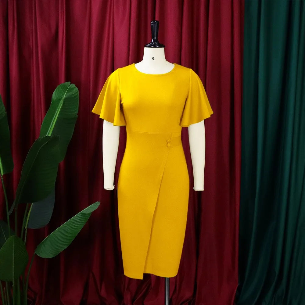 Dress Women Mid Length Dresses Green Slim Ruffles Bodycon Round Neck Short Sleeve Sexy Elegant Party High Waist Vestidos