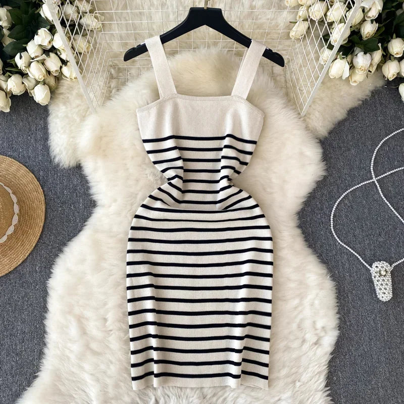 Striple 2024 Sexy Summer Knit Strap Dress Women Tank Elatic Waist Bodycon Sundress Female Beach  Backless Midi Dress