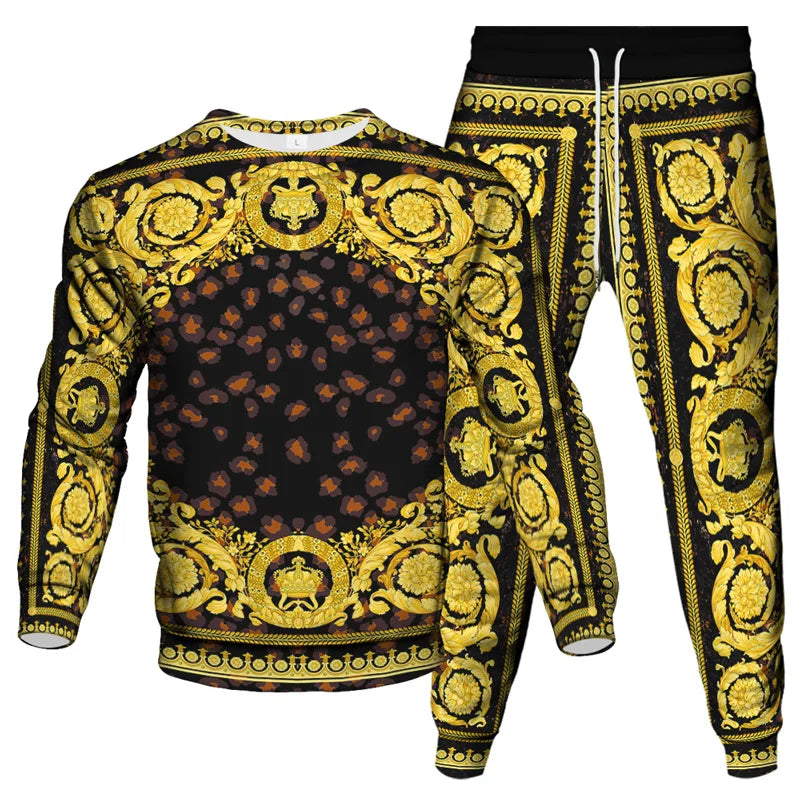 Vinatge Luxury Baroque Style Clothing Suit Men Jogging Pant Sweatshirt 2 Piece Set New Women Fashion Streetwear Tracksuit Set